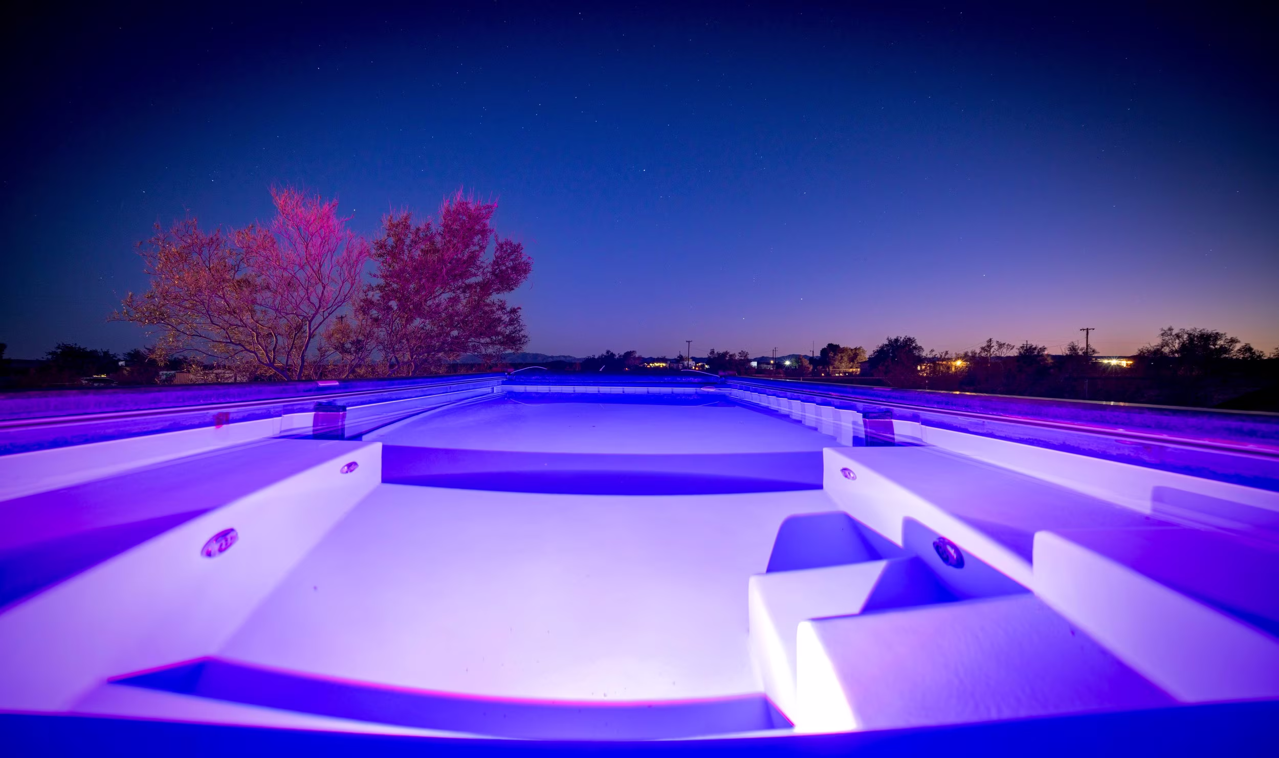 Purple-lit interior of the container pool with molded steps and a pink-lit desert tree beyond.