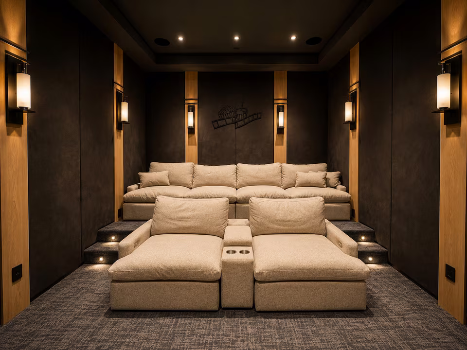 Home theater detail with tiered leather recliners, wall sconces, dark acoustic finishes, and a large screen.