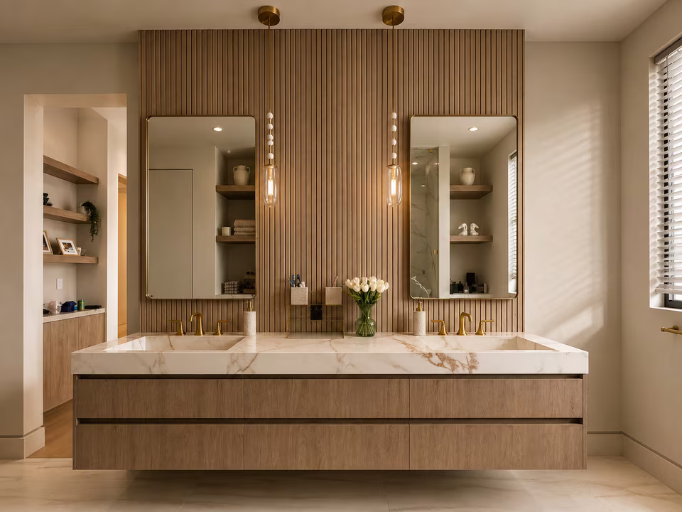 Spa-style bathroom with a freestanding tub, pale stone surfaces, dual vanities, and a glass-enclosed shower.